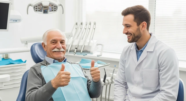 Um senhor de 70 anos com bigode sentado na cadeira do dentista para uma profilaxia odontológica.