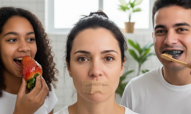 Uma mulher brasileira de 30 anos em primeiro plano e no centro da imagem com a boca tapada por uma fita de mouth taping. Em segundo plano, no lado direito, um homem de 25 anos escovando os dentes com carvão ativado, no lado esquerdo, uma menina negra de 17 anos comendo um morango coberto por caramelo. Essa imagem representa o risco de trends à saúde bucal.