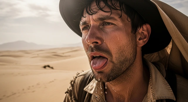 Homem com a boca seca no deserto.