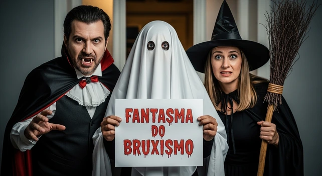 Três adultos fantasiados para o Halloween em plano médio. Do lado esquerdo temos um vampiro, no meio temos um fantasma segurando uma placa escrita "FANTASMA DO BRUXISMO" e do lado direito temos uma bruxa.