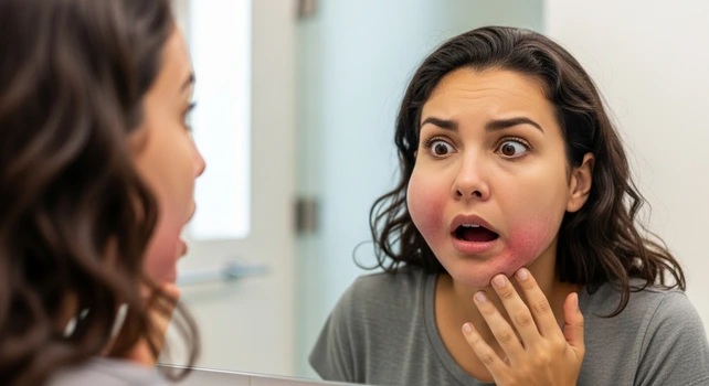 Mulher com o rosto inchado se assustando ao ver que está com celulite facial.