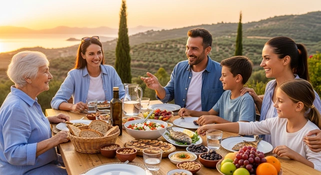 Uma família adepta da dieta mediterrânea fazendo uma refeição ao ar livre.