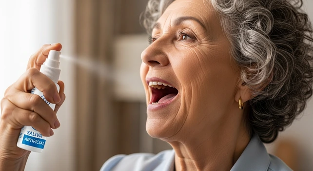 Senhora brasileira de 70 anos borrifando saliva artificial na boca.