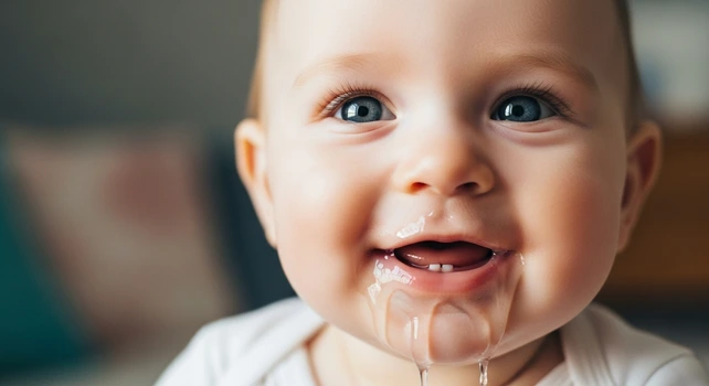 Bebê feliz com saliva escorrendo pela boca.