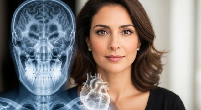 Uma mulher ao lado de seu Raio-X. A imagem ilustra um artigo que relaciona gengivas doentes e AVC.