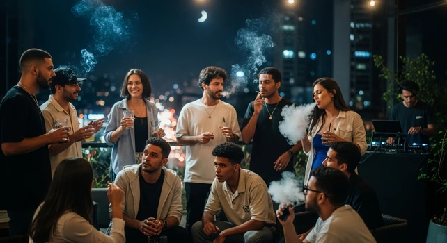 Jovens brasileiros em uma festa noturna fumando, alguns fumam cigarros tradicionais e outros fumam vape. Todos adeptos do tabagismo.