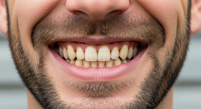 Homem sorrindo com tártaro nos dentes.