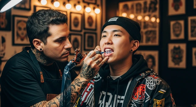 Tatuador fazendo uma tatuagem nos dentes de um jovem chinês.