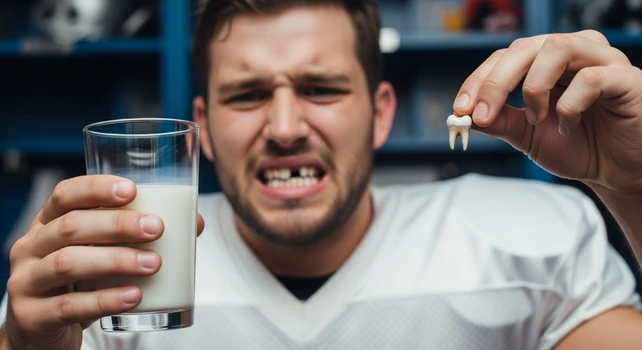 Jogador de futebol americano segurando um dente e um copo de leite após sofrer um trauma dentário.
