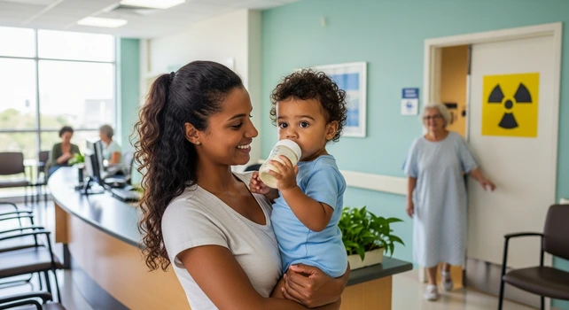 Um menino brasileiro de um ano de idade no colo da mãe e com a mamadeira na boca, eles tão na recepção de um hospital e ao fundo da imagem é possível ver uma paciente mais velha saindo de uma sala cuja porta tem um símbolo de radiação. A imagem ilustra um artigo sobre cárie de mamadeira e cárie de radiação.
