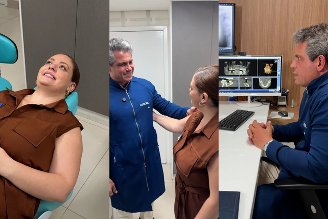 Imagens do Dr. Frederico Coelho e da paciente Wellen Rocha registrando um implante dentário em 5 minutos.