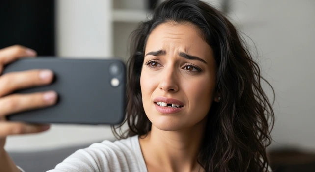 Uma mulher brasileira de 30 anos tirando uma selfie e notando um buraco na lateral do sorriso por conta de um dente faltando. Ela está com uma cara de desconforto e olhos tristes e pensando em buscar uma clínica para um implante dentário unitário em Goiânia.