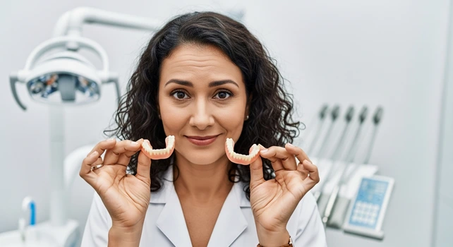 Uma dentista apresentando duas opções de prótese: Uma prótese protocolo e uma overdenture.