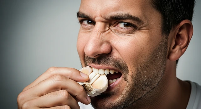 Homem mordendo uma cabeça de alho.