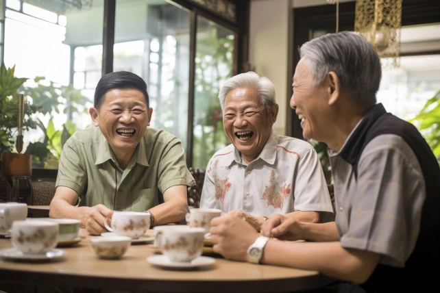 Três idosos japoneses sorrindo de forma saudável por causa da regra dos 8020.