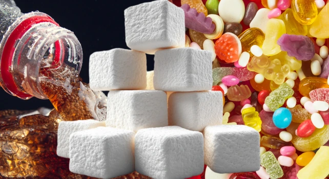 Refrigerante zero açúcar, pirâmide de cubos de açúcar e doces.