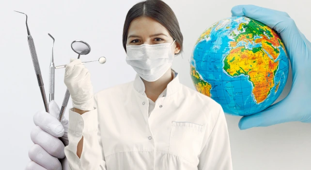 Imagem de uma uma dentista e de um globo terrestre para ilustrar um artigo sobre como trabalhar como dentista no exterior.