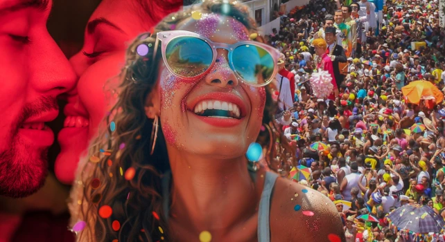 Mulher comemorando o carnaval, casal beijando e aglomeração de pessoas.