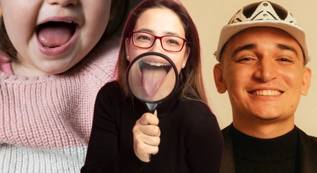Menina pequena com a língua presa, mulher com uma lupa evidenciando a língua e o cantor João Gomes.