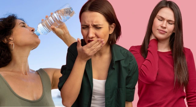 Mulher bebendo água, mulher com boca seca e mulher com dor no corpo.