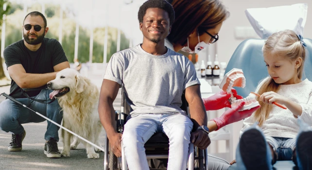 Homem jovem negro na cadeira de rodas, homem branco cego com óculos escuros e cão guia, dentista para pcd com criança autista.