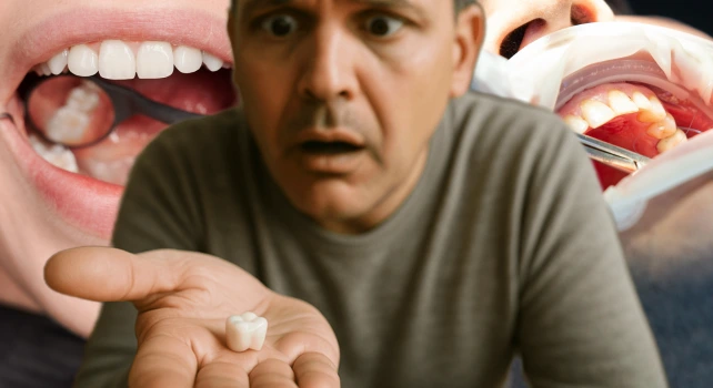 Homem olhando para o dente em sua mão enquanto pessoas são analisadas por dentista ao fundo.