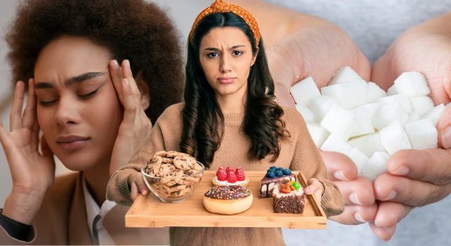 Mulher segurando uma bandeja de doces no meio de uma mão segurando cubos de açúcar e uma mulher com esquecimento.