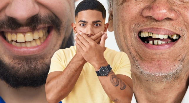 Homem brasileiro jovem tapando a boca e sorrisos envelhecidos ao seu lado.