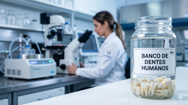 Cientista trabalhando em um laboratório ao fundo. Em primeiro plano há um recipiente com dentes humanos.