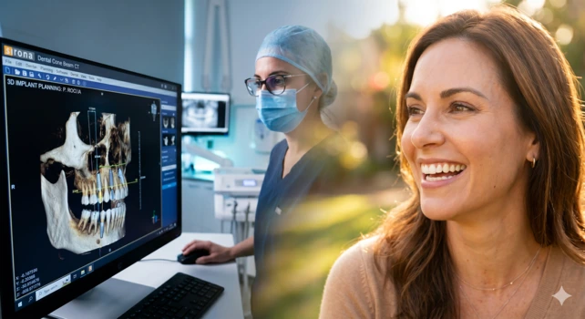 Montagem fotográfica mostrando do lado esquerdo o planejamento digital em 3D de um implante dentário em um computador clínico e, do lado direito, uma mulher sorrindo feliz sob iluminação natural, simbolizando a recuperação da saúde bucal.