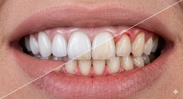 Uma imagem dividida em estilo close-up (macro) focada na boca e lábios mostrando dois tipos de sorrisos diferentes: um saudável e um doente.