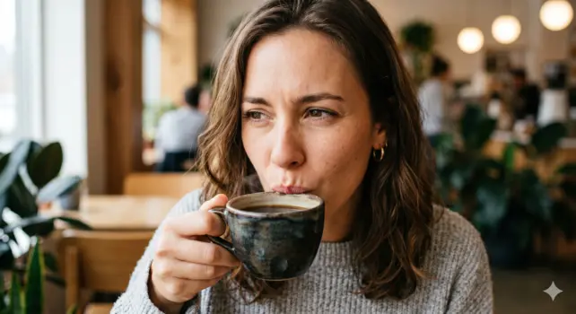 Mulher tomando café e sentindo um incômodo no dente.