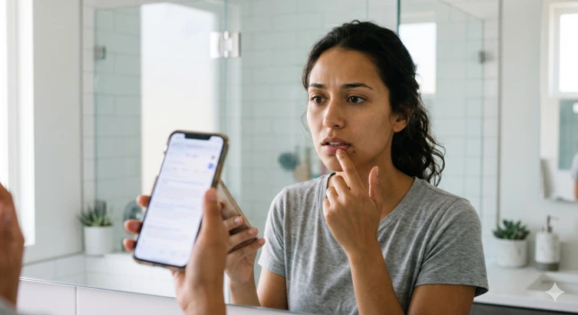 Mulher de frente para o espelho e com o celular na mão enquanto olha a boca.