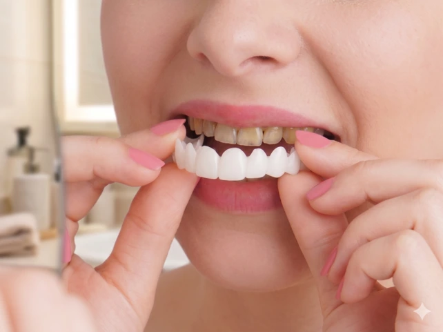 Mulher colocando um snap-on smile.