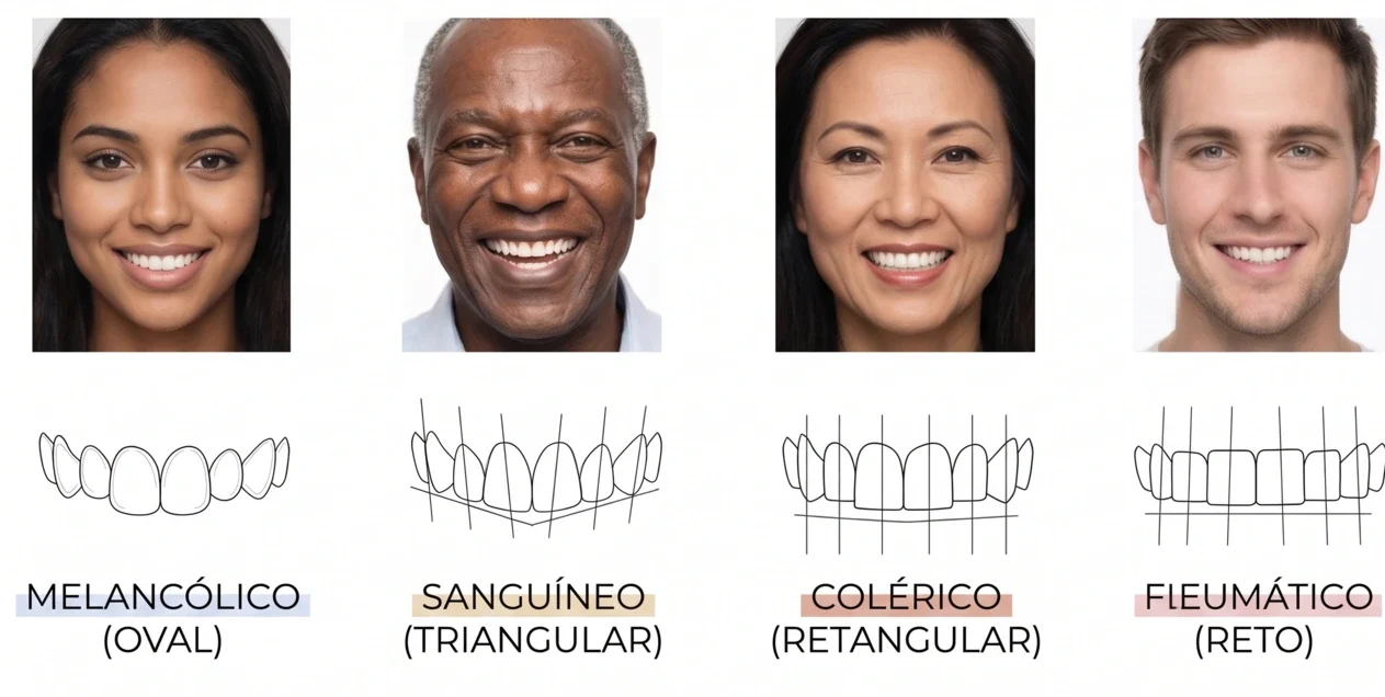 Diferentes perfis de sorriso: Uma jovem latina com sorriso melancólico, um senhor negro com sorriso sanguíneo, uma mulher asiática com sorriso colérico e um homem branco com sorriso fleumático.