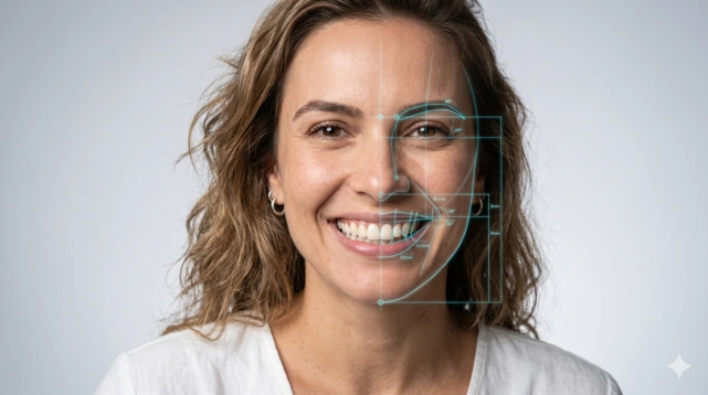 Mulher loira sorrindo após visagismo odontológico.