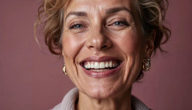 Mulher sorrindo após realizar um implante dentário.